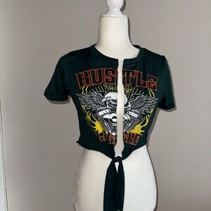 Green Crop Tie-Front Top with Graphic Design